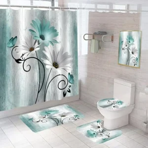 5Pcs Teal Daisy Shower Curtain Set